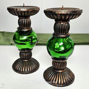 Vtg Rare Metallic Green Chunky Candlestick Candle Holder Set of 2 Festive Decor